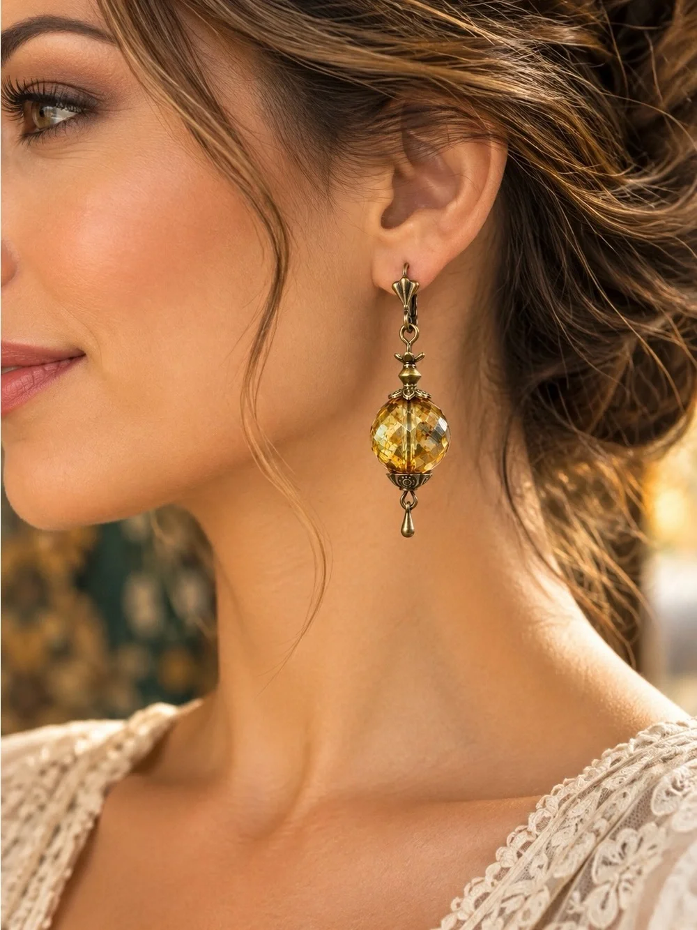 Czech Glass Amber Faceted Handmade Statement Earrings Antique Brass